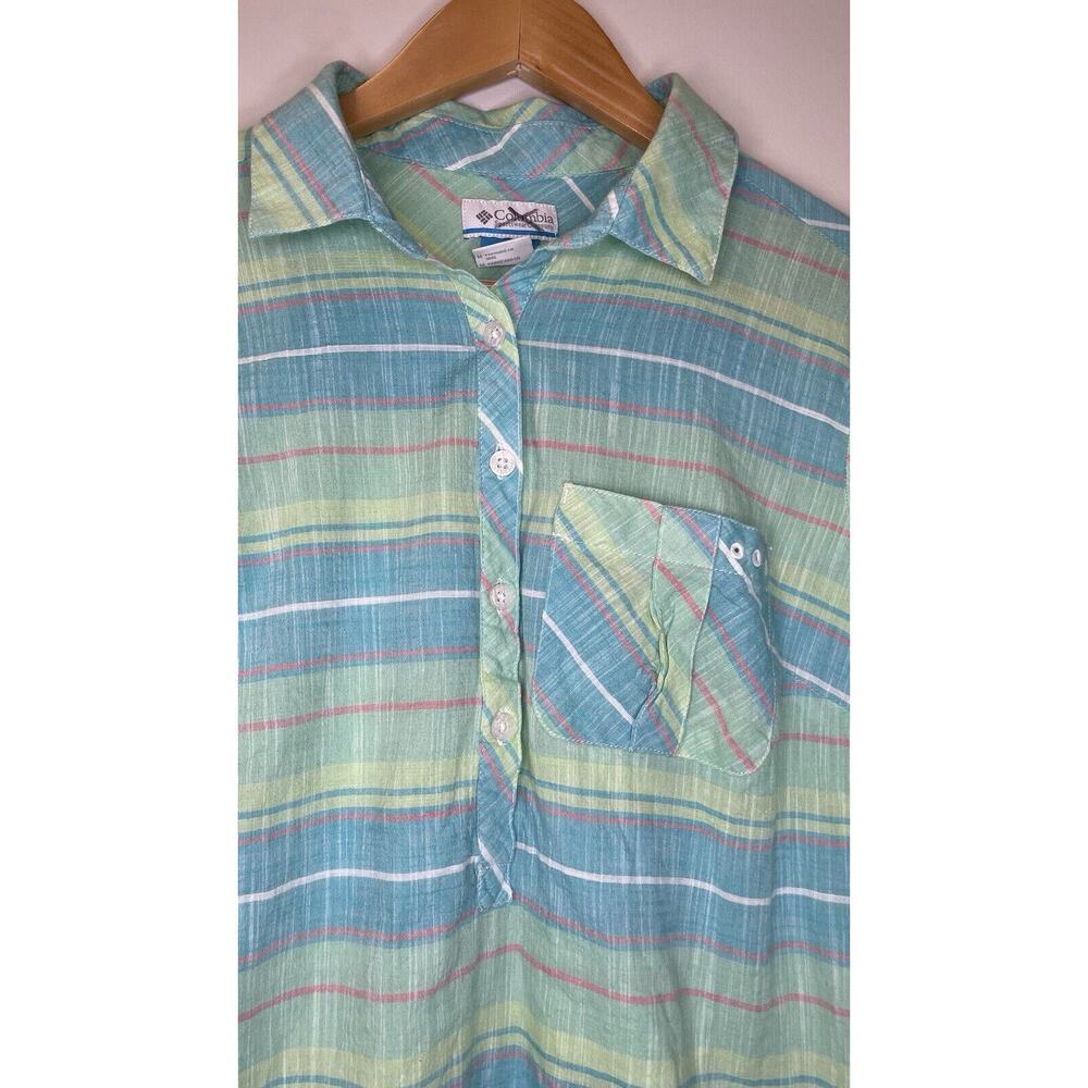 Columbia Plaid Shirt 1/4 Button Pocket Long Roll Tab Sleeves Pastel Cotton Top M - Picture 4 of 12